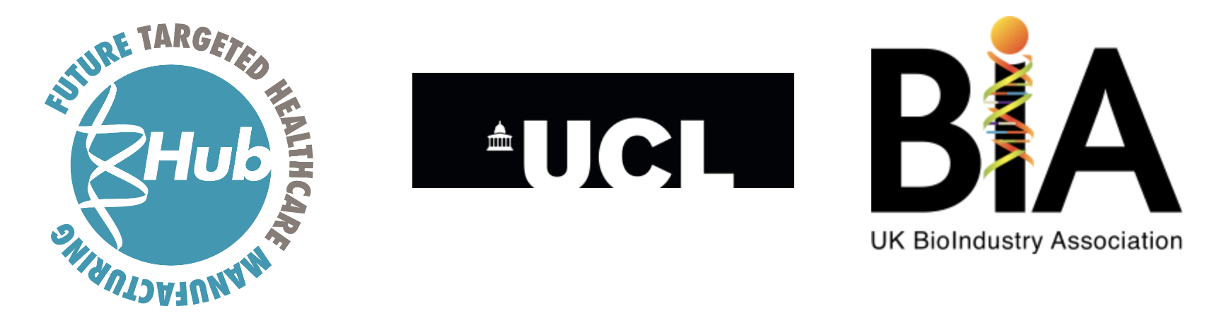 UCL’s Future Targeted Healthcare Manufacturing Hub and the UK BioIndustry Association (BIA) logos